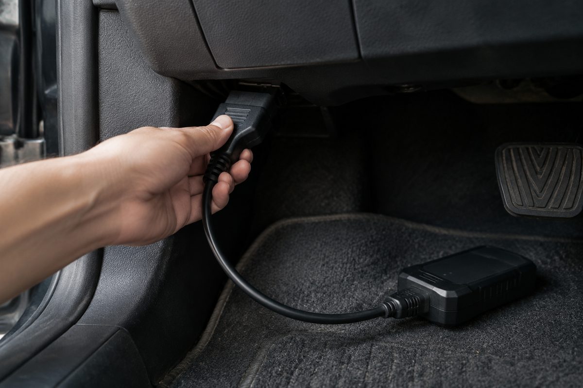 Ligação de diagnóstico OBD sob o painel do veículo